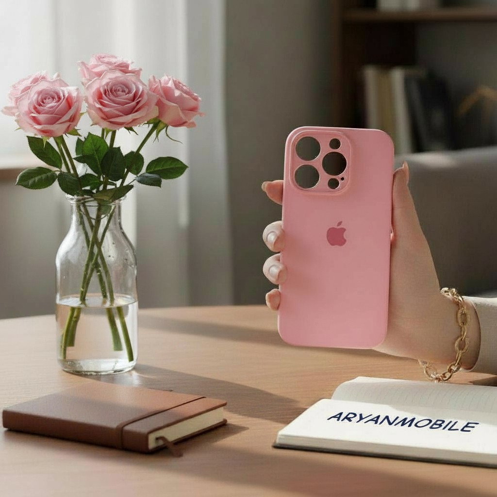 کاور گوشی iPhone 15 Pro آیفون سیلیکونی پاک کنی اورجینال داخل پارچه ای محافظ لنز دار رنگ صورتی