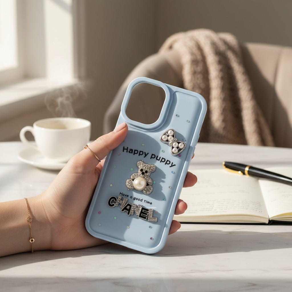 کاور گوشی iPhone 16 طرح Happy Puppy ایربگ دار تدی مرواریدی برجسته آبی آسمانی
