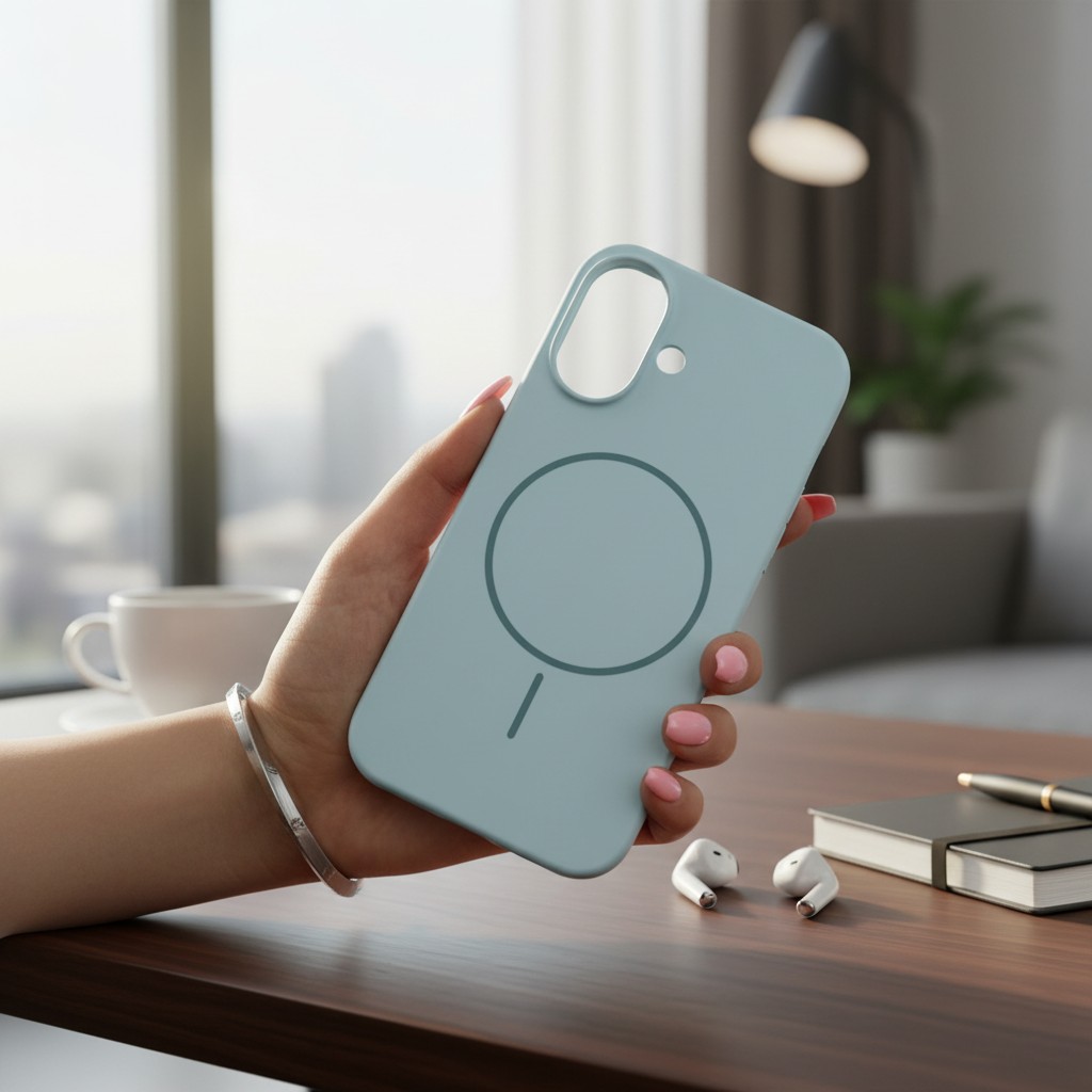 کاور گوشی iPhone 16 آیفون سیلیکونی پاک کنی مگ سیف MagSafe اورجینال داخل پارچه ای آبی آسمانی